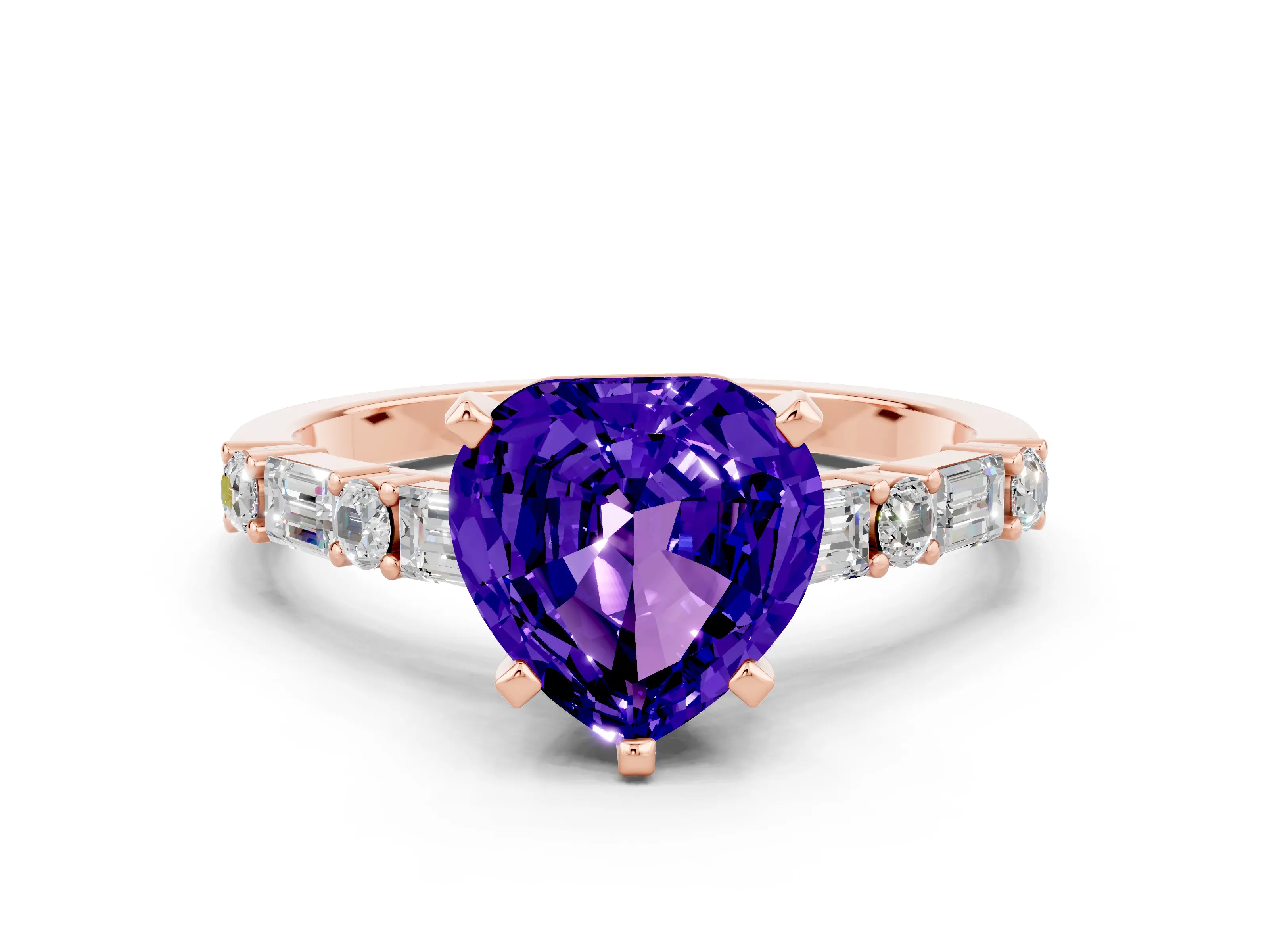 Rose gold Heart Cut Tanzanite Solitaire with Side Baguettes and Channel Set Band