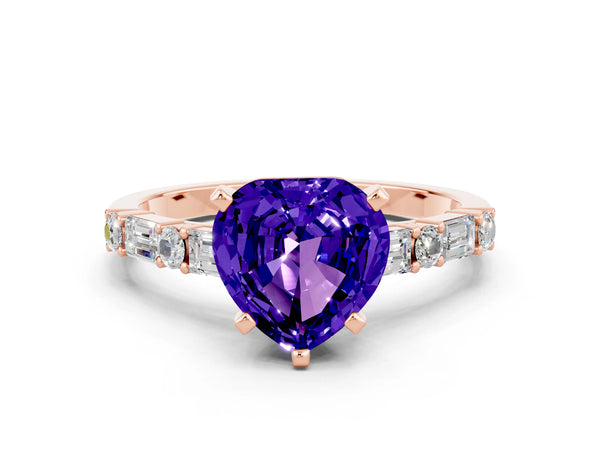 Rose gold Heart Cut Tanzanite Solitaire with Side Baguettes and Channel Set Band