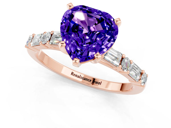 Rose gold Heart Cut Tanzanite Solitaire with Side Baguettes and Channel Set Band