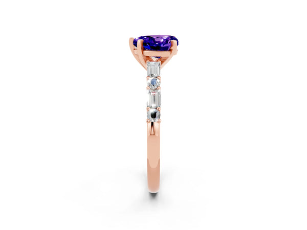 Rose gold Heart Cut Tanzanite Solitaire with Side Baguettes and Channel Set Band
