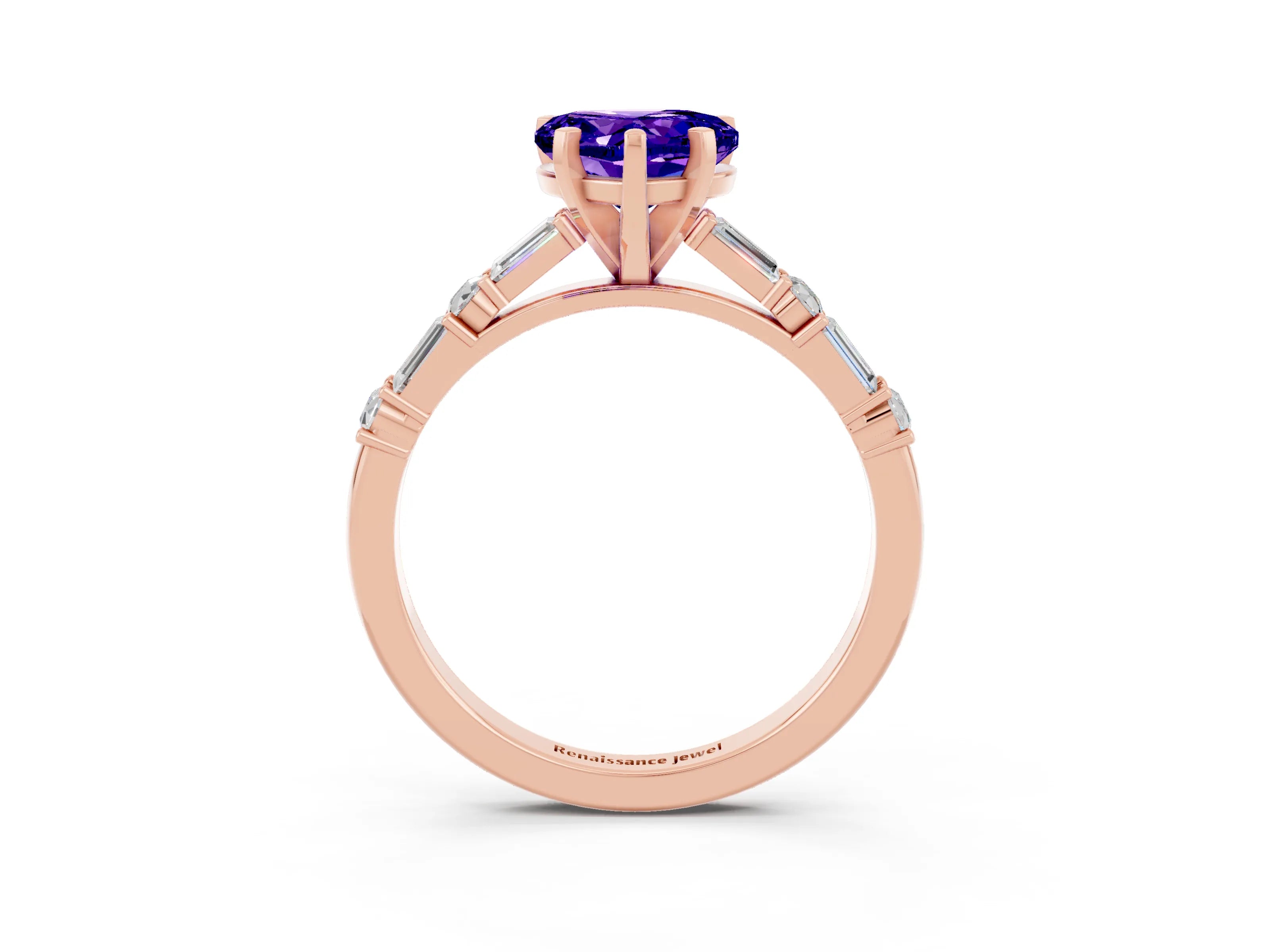 Rose gold Heart Cut Tanzanite Solitaire with Side Baguettes and Channel Set Band_3