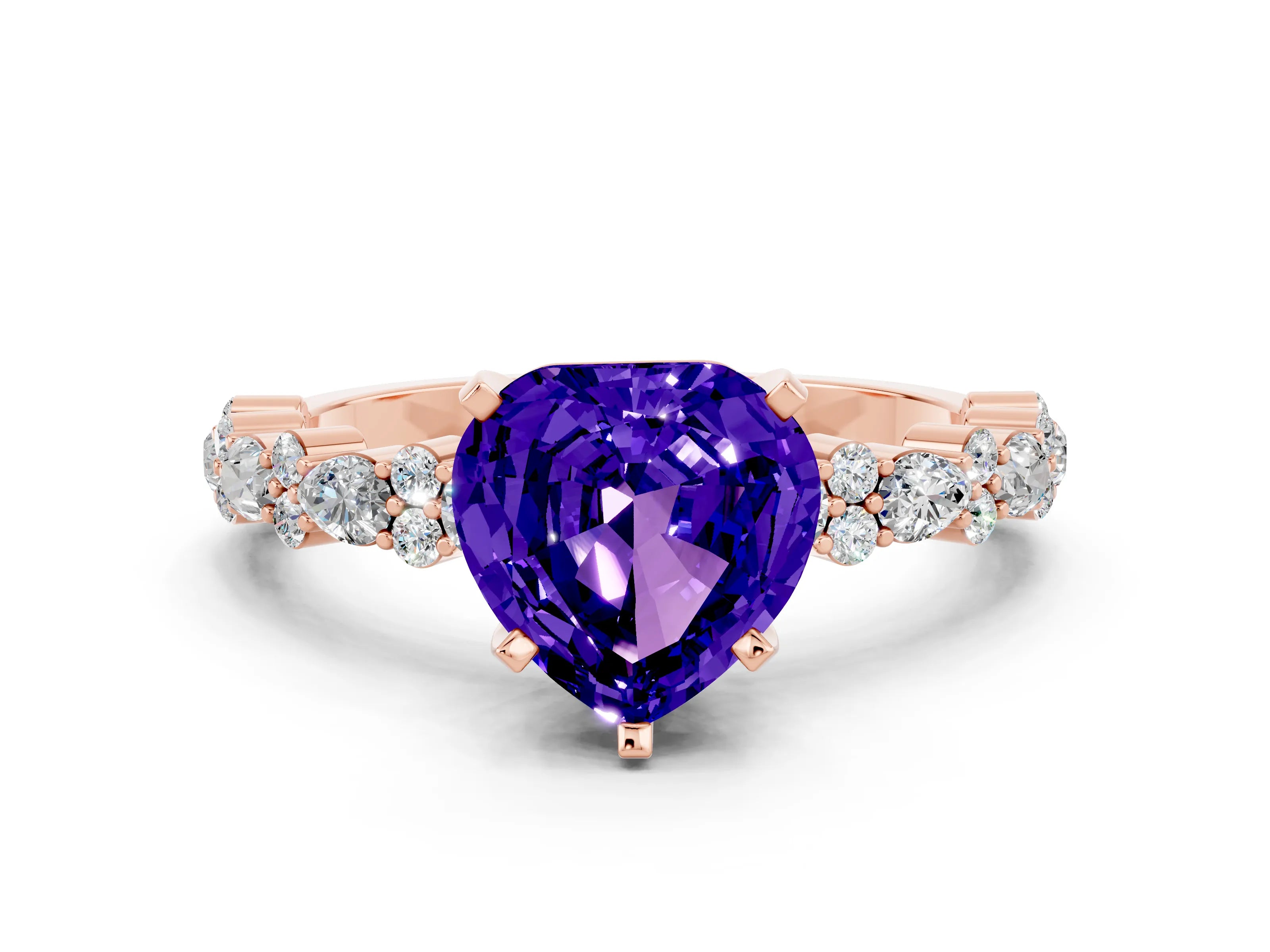 Rose gold Heart Cut Tanzanite Solitaire with Side Stones, Pave Band, Four-Prong Setting_36