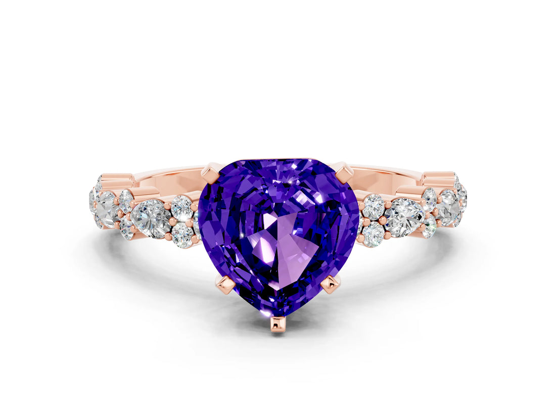 Rose gold Heart Cut Tanzanite Solitaire with Side Stones, Pave Band, Four-Prong Setting_36