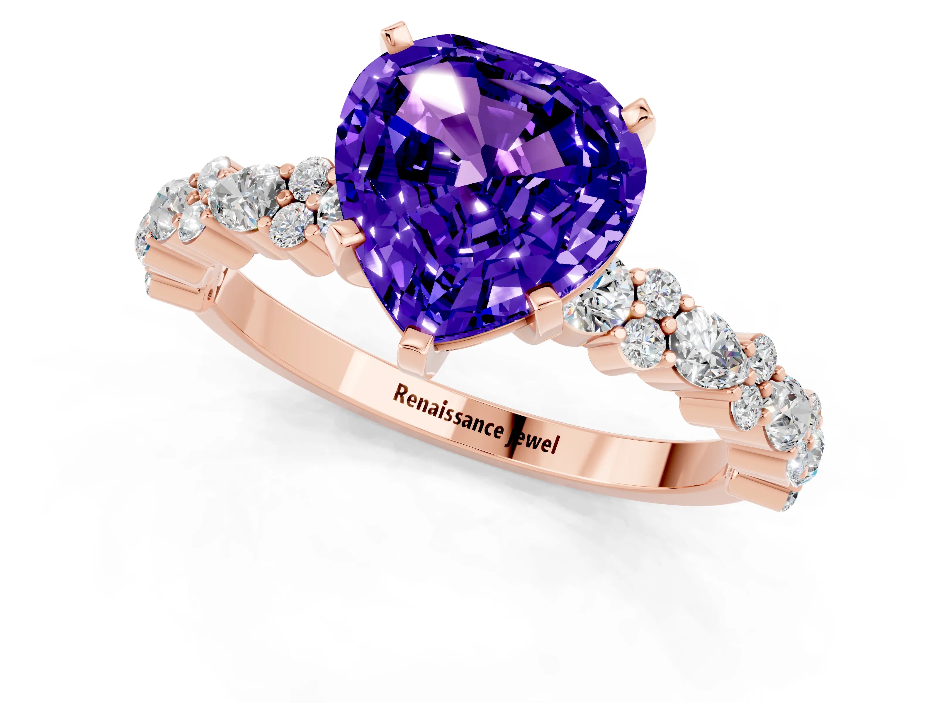 Rose gold Heart Cut Tanzanite Solitaire with Side Stones, Pave Band, Four-Prong Setting_37
