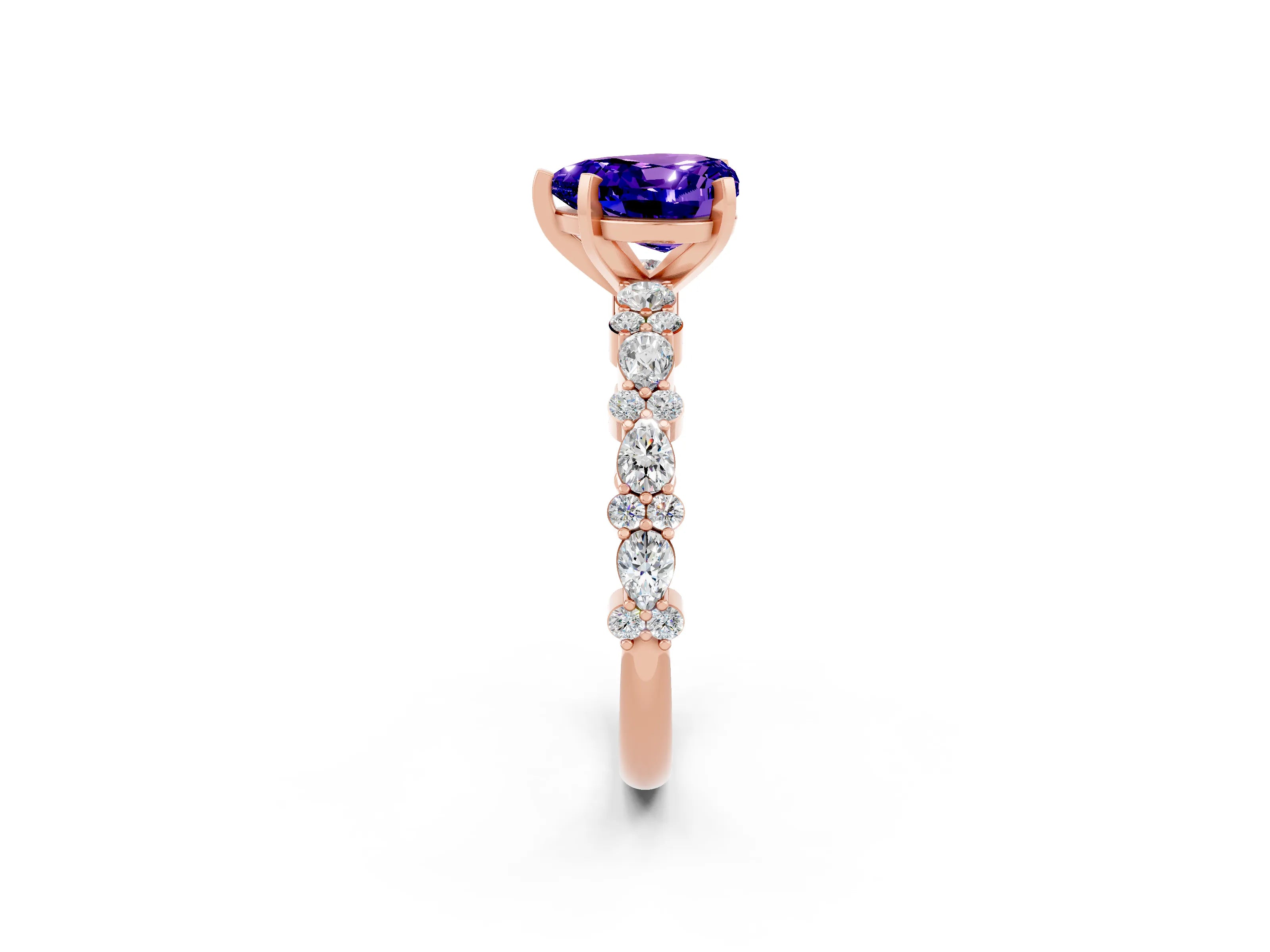 Rose gold Heart Cut Tanzanite Solitaire with Side Stones, Pave Band, Four-Prong Setting_38