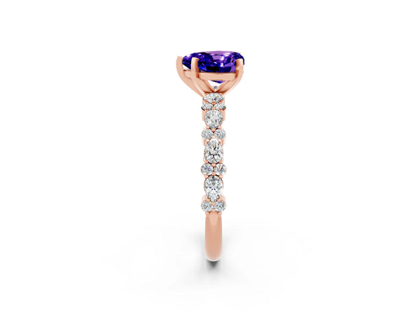 Rose gold Heart Cut Tanzanite Side Stone Solitaire Ring with Round  and Four-Prong Setting