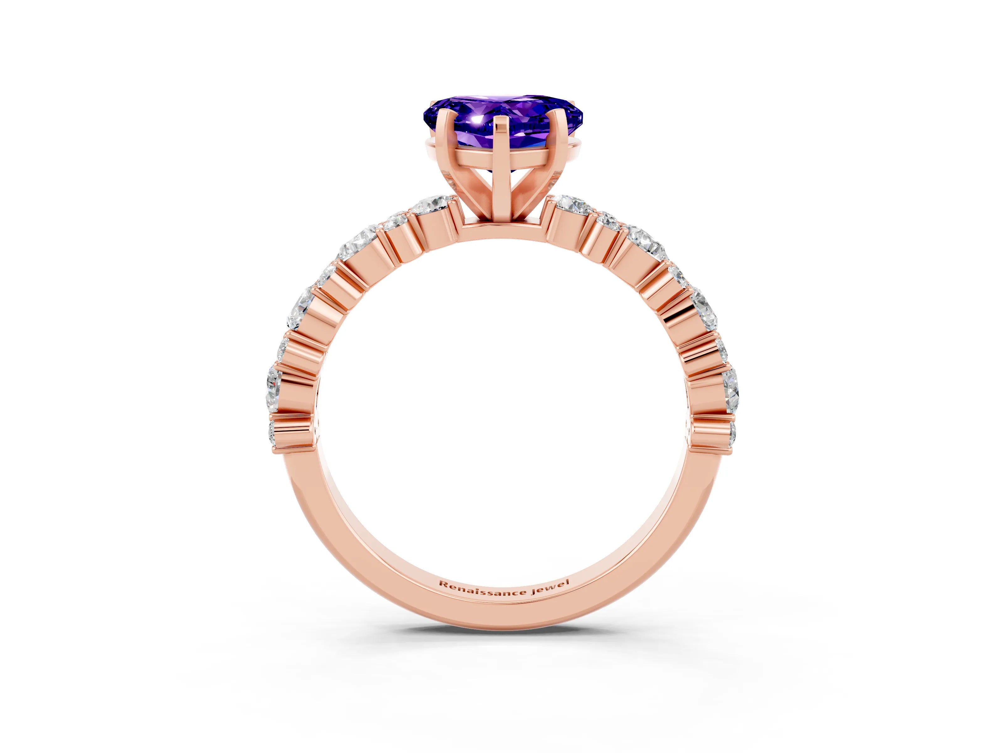 Rose gold Heart Cut Tanzanite Solitaire with Side Stones, Pave Band, Four-Prong Setting_39