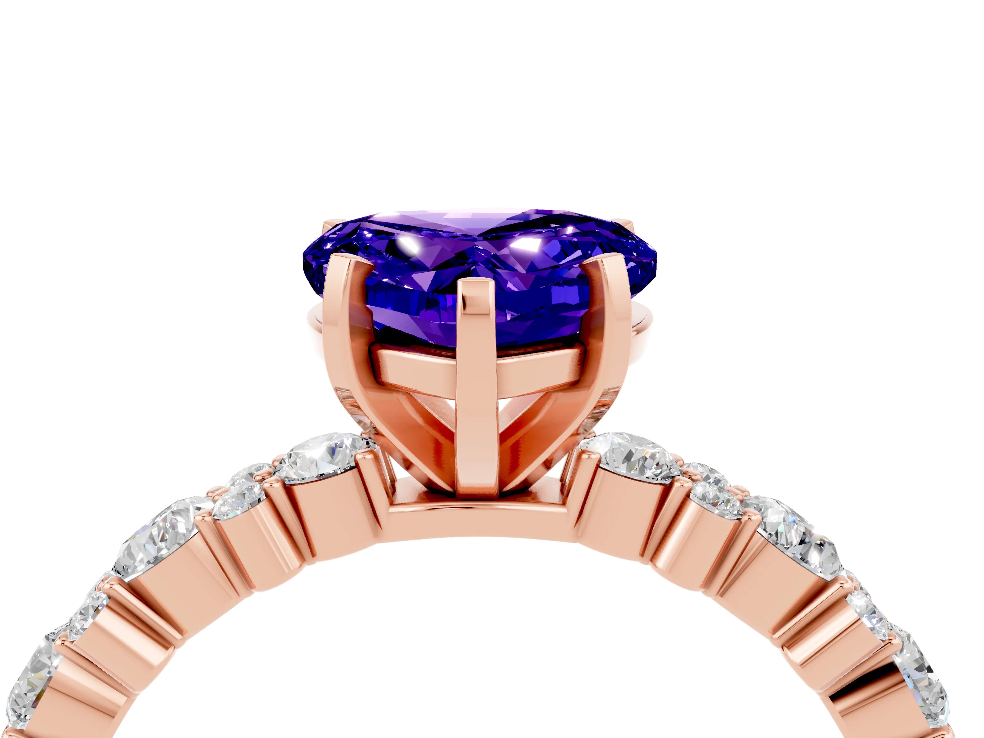 Rose gold Heart Cut Tanzanite Solitaire with Side Stones, Pave Band, Four-Prong Setting_40