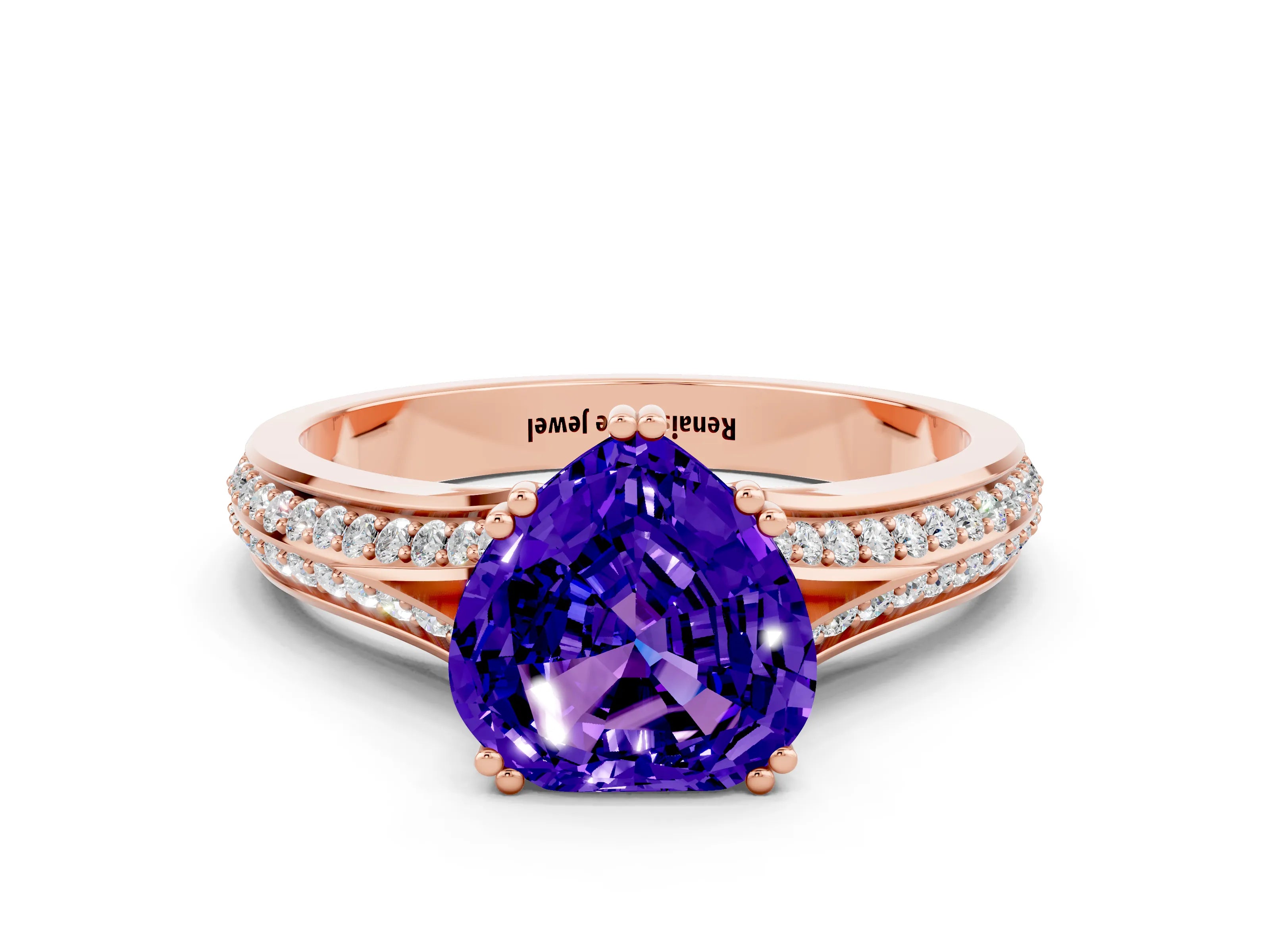 Rose gold Heart Cut Tanzanite Split Shank Engagement Ring with Pavé Band