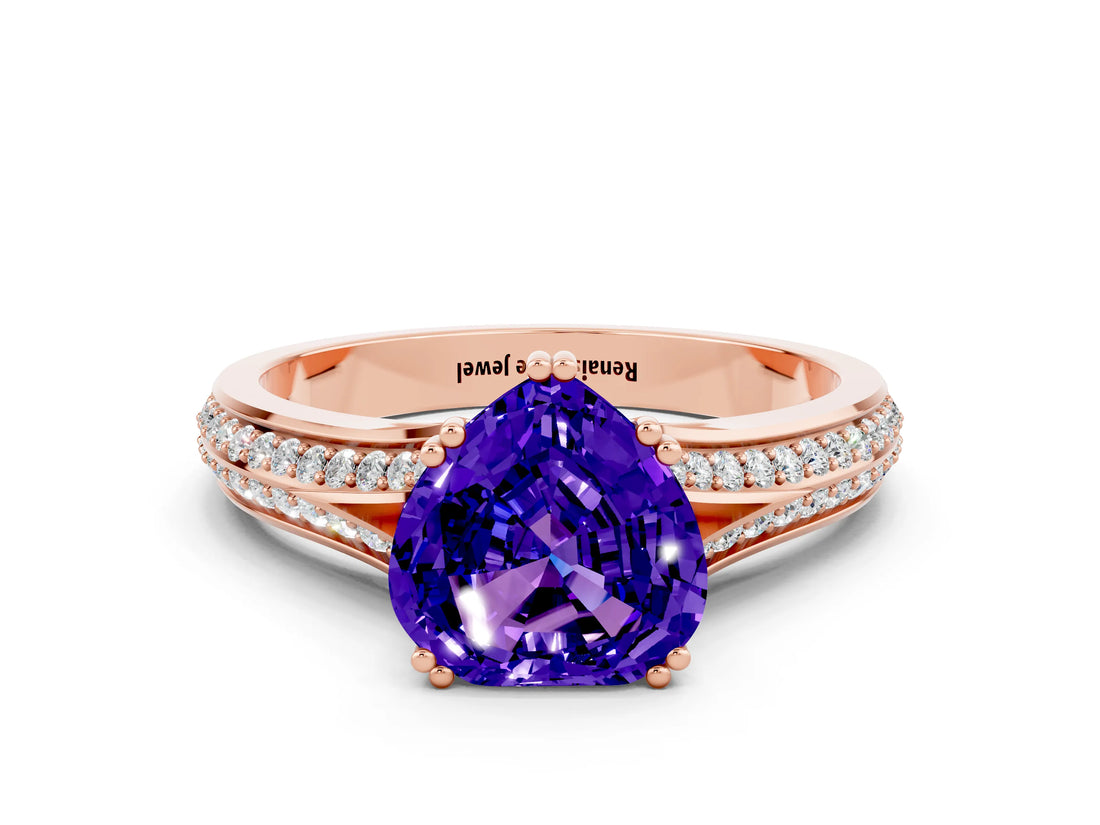 Rose gold Heart Cut Tanzanite Split Shank Engagement Ring with Pavé Band
