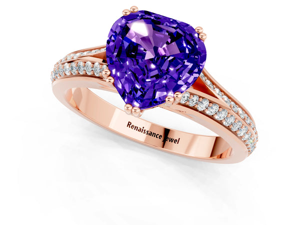 Rose gold Heart Cut Tanzanite Split Shank Engagement Ring with Pavé Band