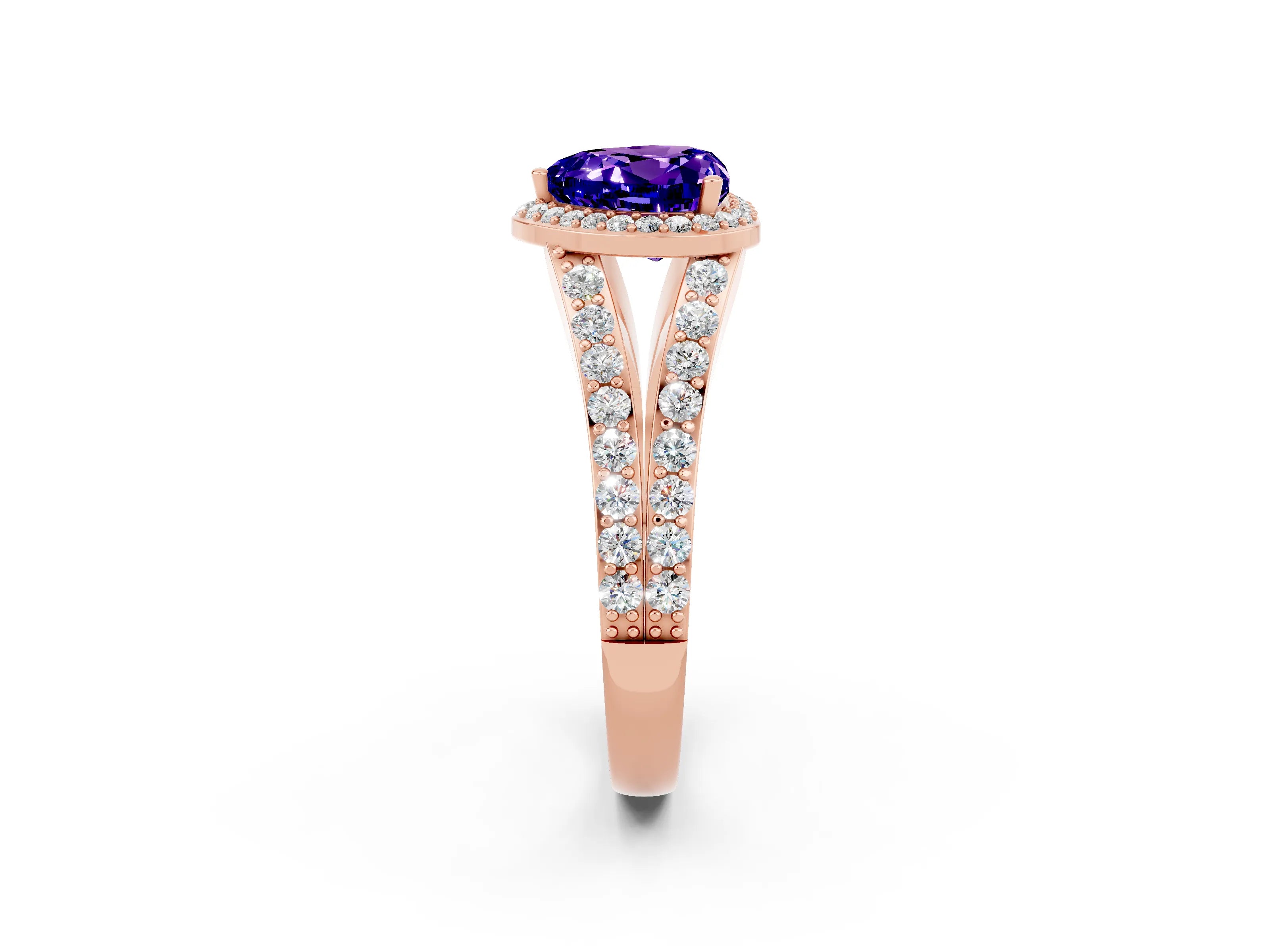Rose gold Heart Cut Tanzanite Split Shank Halo Ring with Four-Prong Setting_14