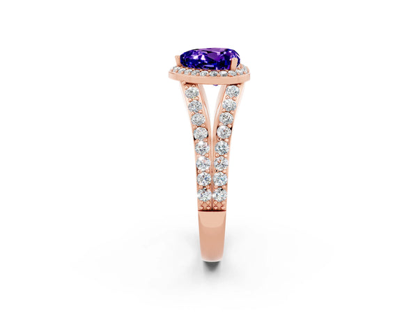 Rose gold Heart Cut Tanzanite Split Shank Halo Ring with Four-Prong Setting