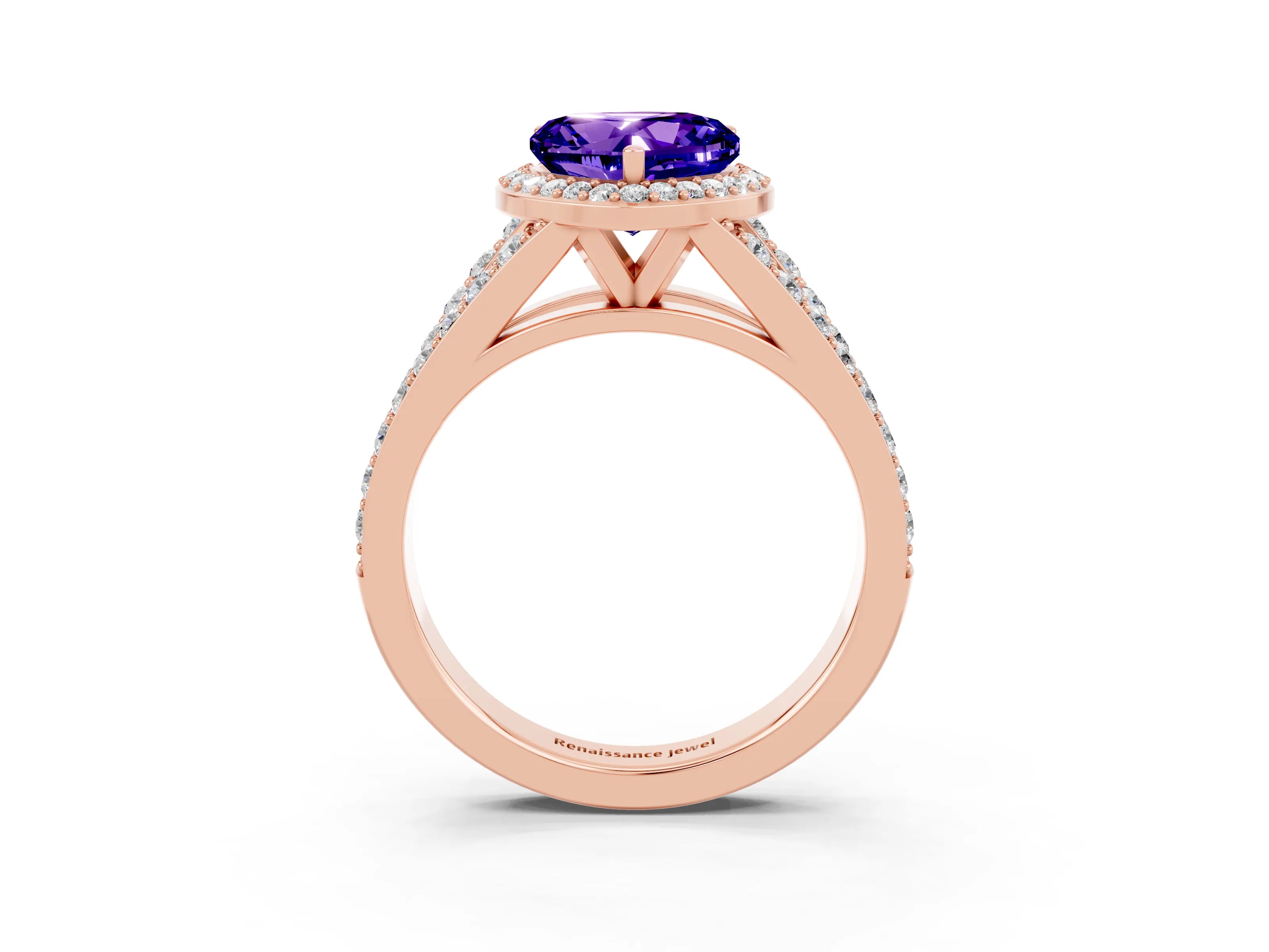 Rose gold Heart Cut Tanzanite Split Shank Halo Ring with Four-Prong Setting_15