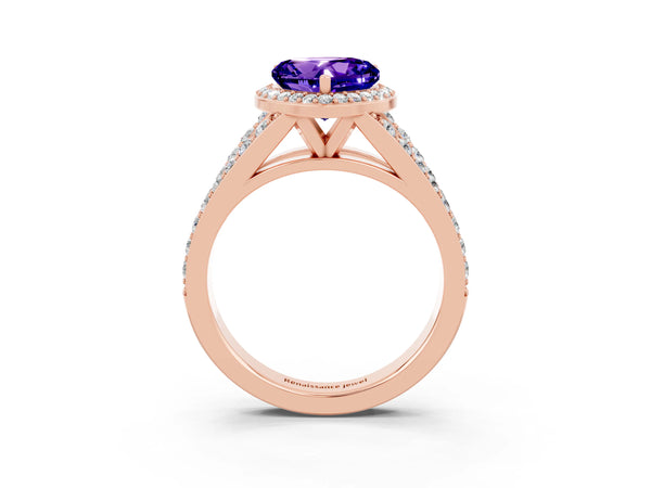 Rose gold Heart Cut Tanzanite Split Shank Halo Ring with Four-Prong Setting