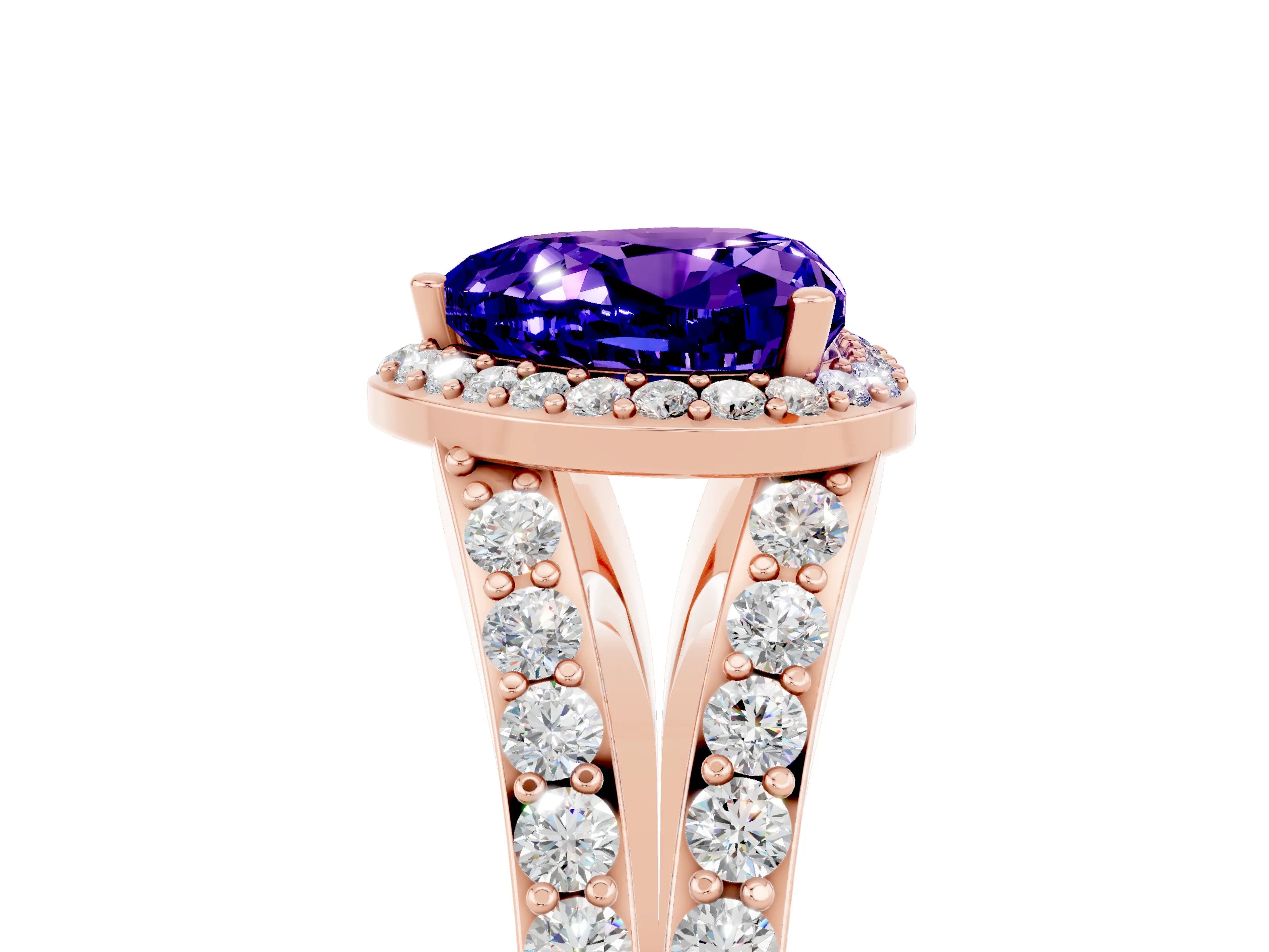 Rose gold Heart Cut Tanzanite Split Shank Halo Ring with Four-Prong Setting_17