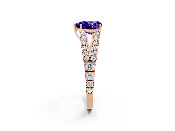 Rose gold Heart Cut Tanzanite Split Shank Pavé Engagement Ring with Four-Prong Setting