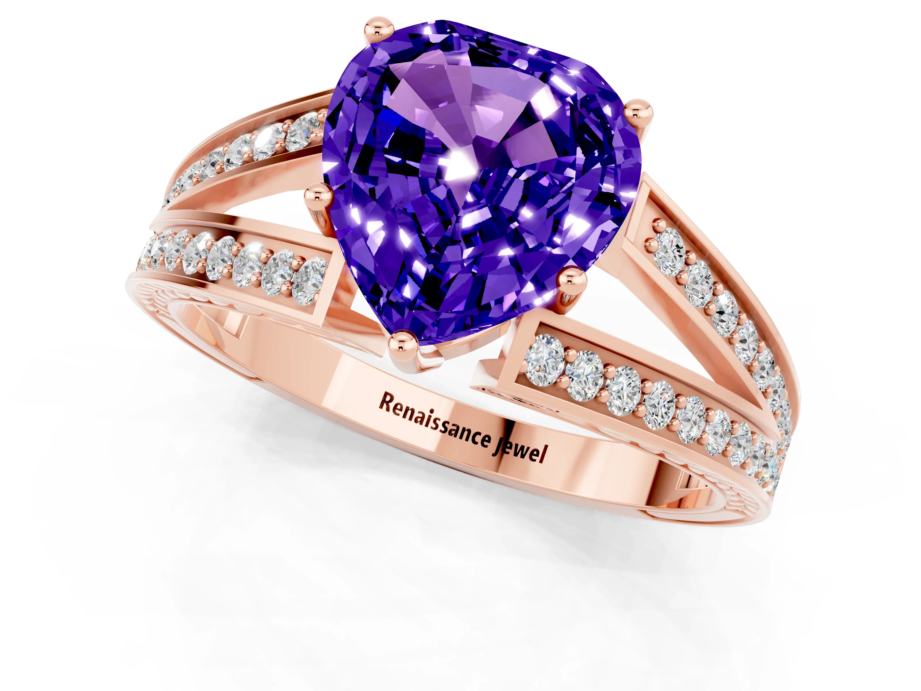 Rose gold Heart Cut Tanzanite Split Shank Ring with Pavé Band and Four-Prong Setting_1
