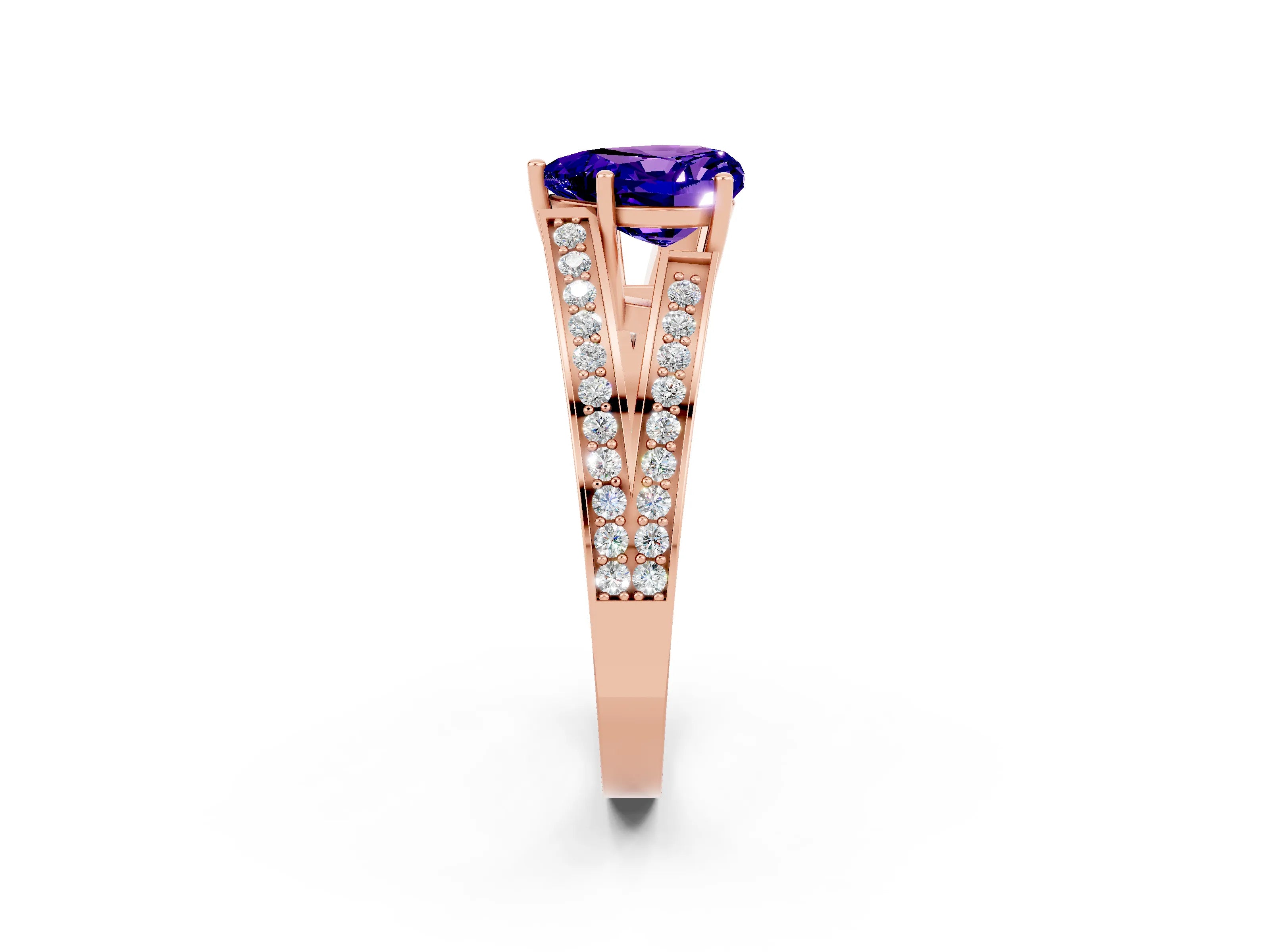 Rose gold Heart Cut Tanzanite Split Shank Ring with Pavé Band and Four-Prong Setting_2
