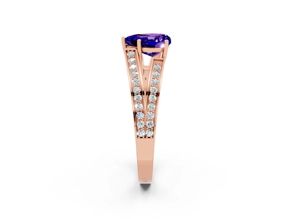 Rose gold Heart Cut Tanzanite Split Shank Ring with Pavé Band and Four-Prong Setting