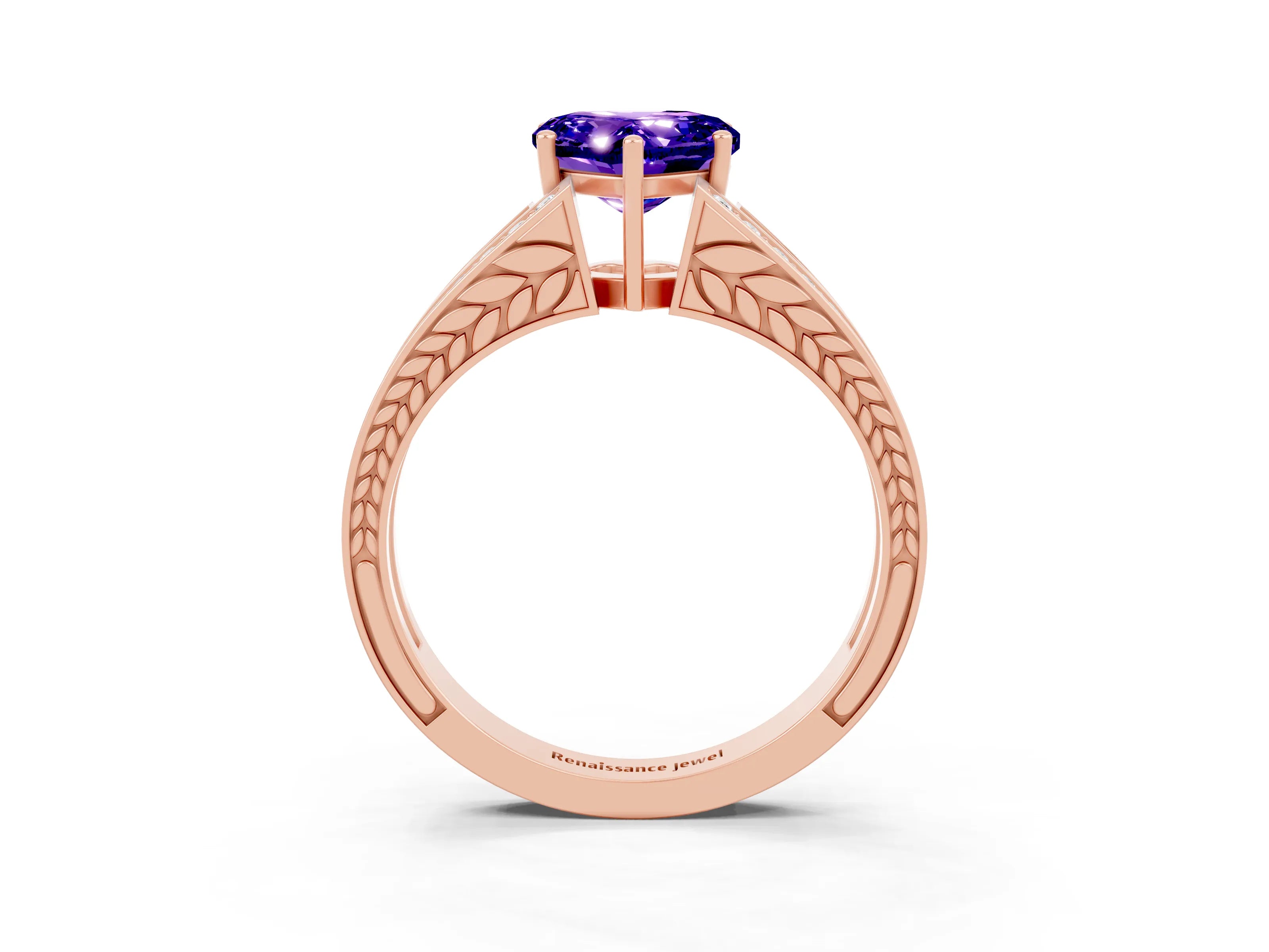 Rose gold Heart Cut Tanzanite Split Shank Ring with Pavé Band and Four-Prong Setting_3