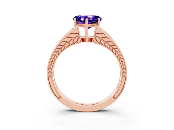 Rose gold Heart Cut Tanzanite Split Shank Ring with Pavé Band and Four-Prong Setting