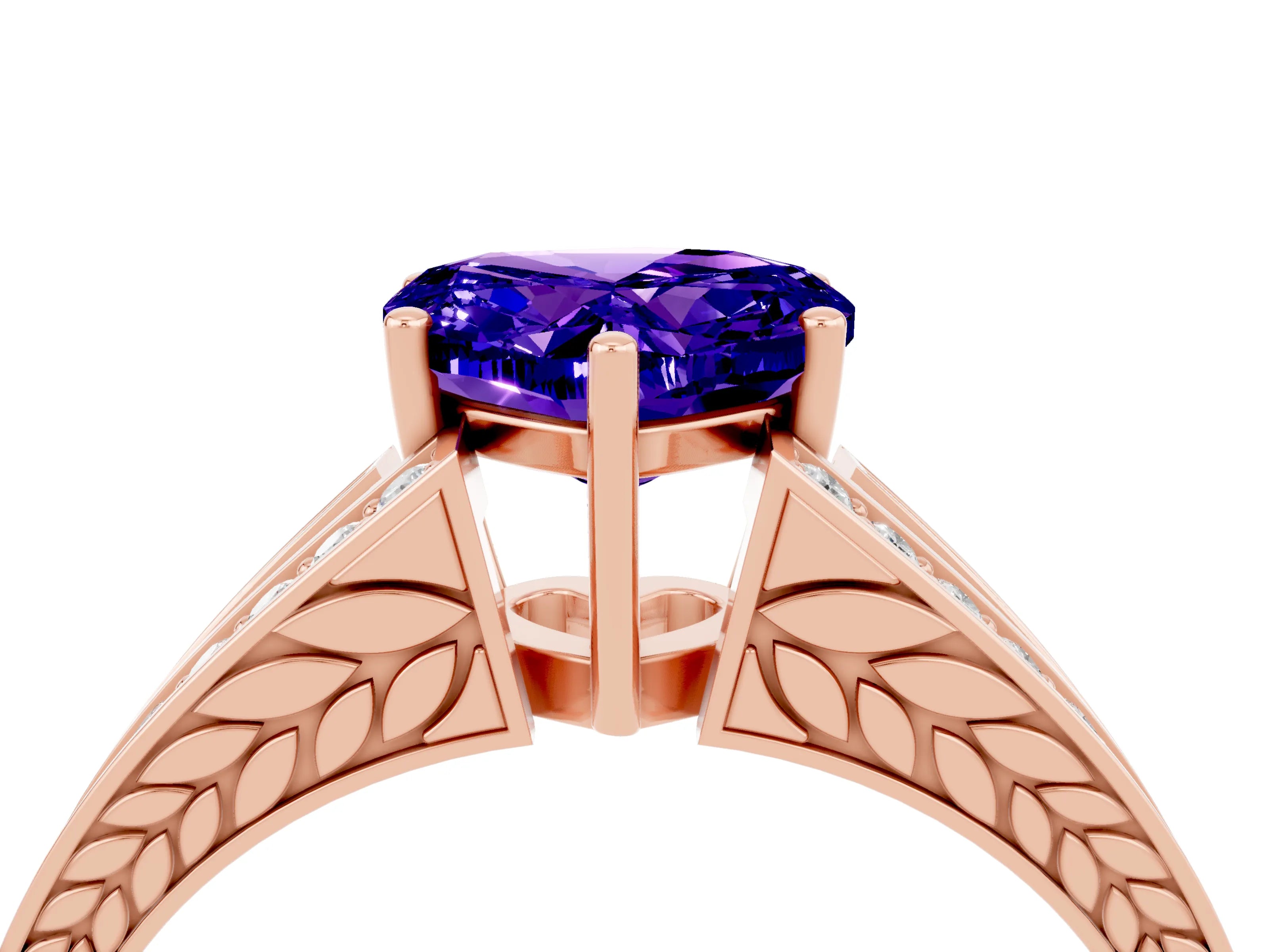 Rose gold Heart Cut Tanzanite Split Shank Ring with Pavé Band and Four-Prong Setting_4