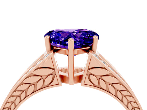 Rose gold Heart Cut Tanzanite Split Shank Ring with Pavé Band and Four-Prong Setting_4