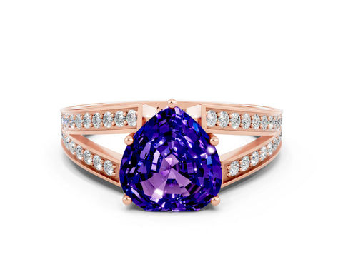 Rose gold Heart Cut Tanzanite Split Shank Ring with Pavé Band and Four-Prong Setting