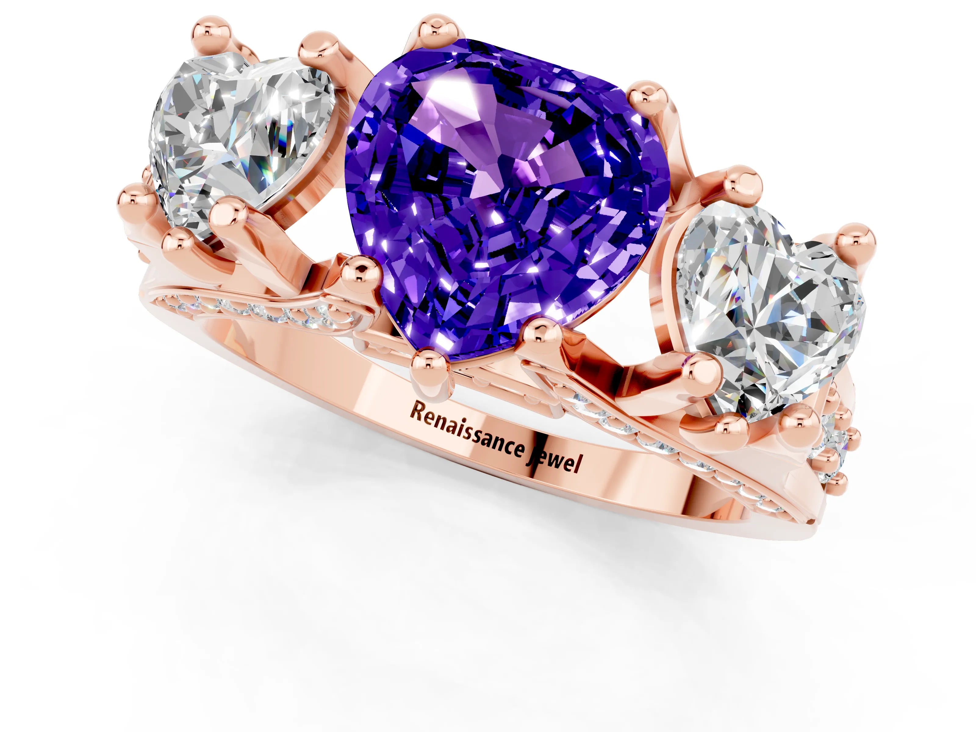 Rose gold Heart Cut Tanzanite Three-Stone Ring with Channel Set Band and Four-Prong Setting_1