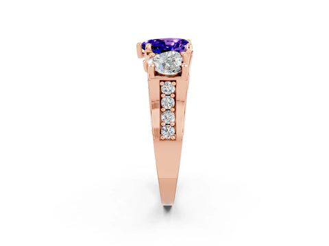Rose gold Heart Cut Tanzanite Three-Stone Ring with Channel Set Band and Four-Prong Setting_2
