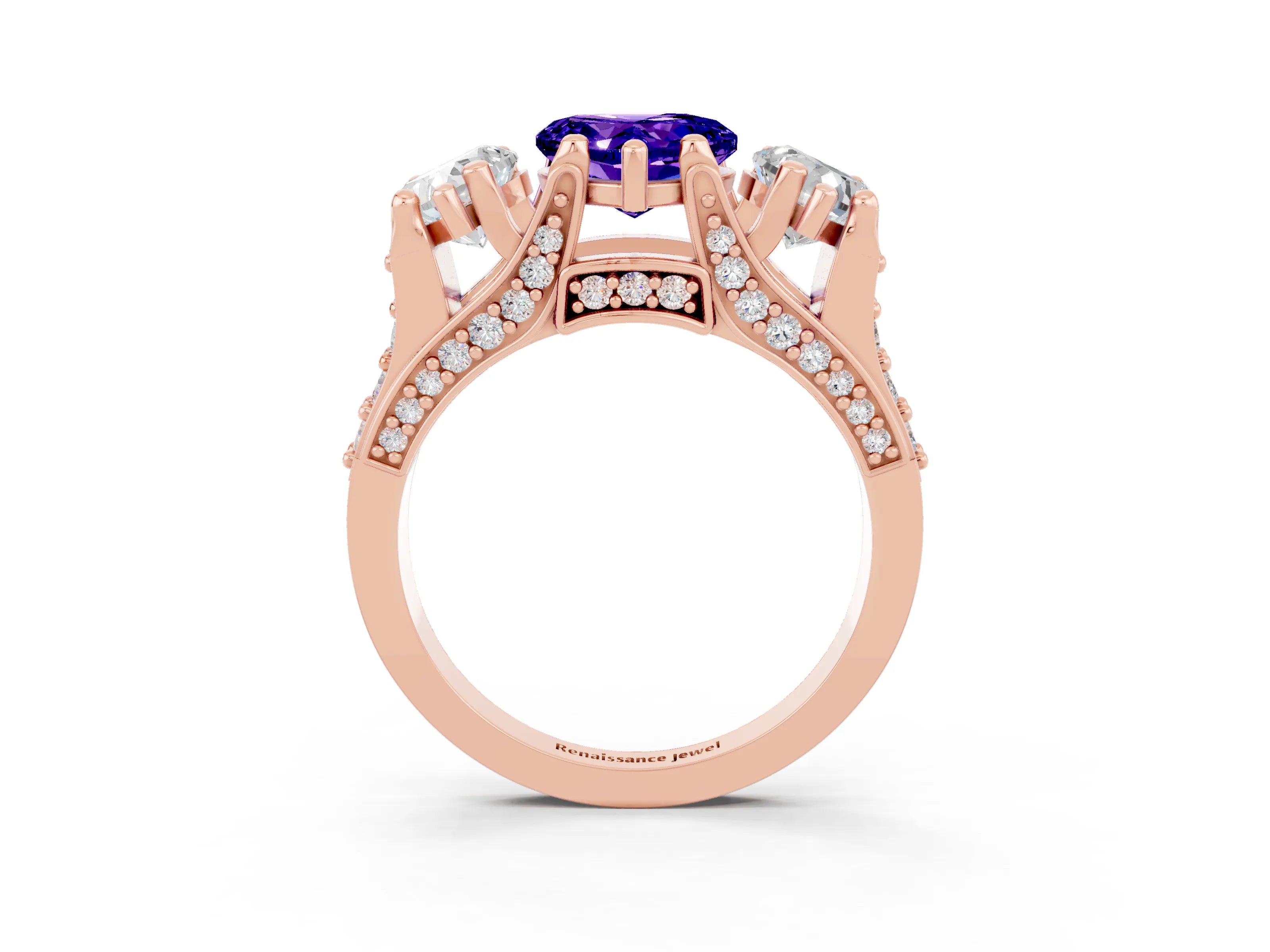 Rose gold Heart Cut Tanzanite Three-Stone Ring with Channel Set Band and Four-Prong Setting_3