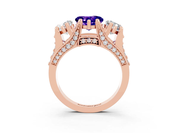 Rose gold Heart Cut Tanzanite Three-Stone Ring with Channel Set Band and Four-Prong Setting