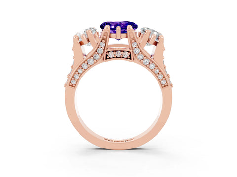 Rose gold Heart Cut Tanzanite Three-Stone Ring with Channel Set Band and Four-Prong Setting_3
