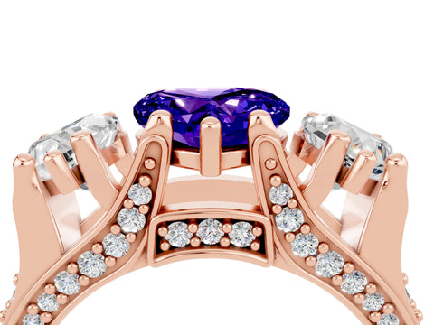Rose gold Heart Cut Tanzanite Three-Stone Ring with Channel Set Band and Four-Prong Setting_4