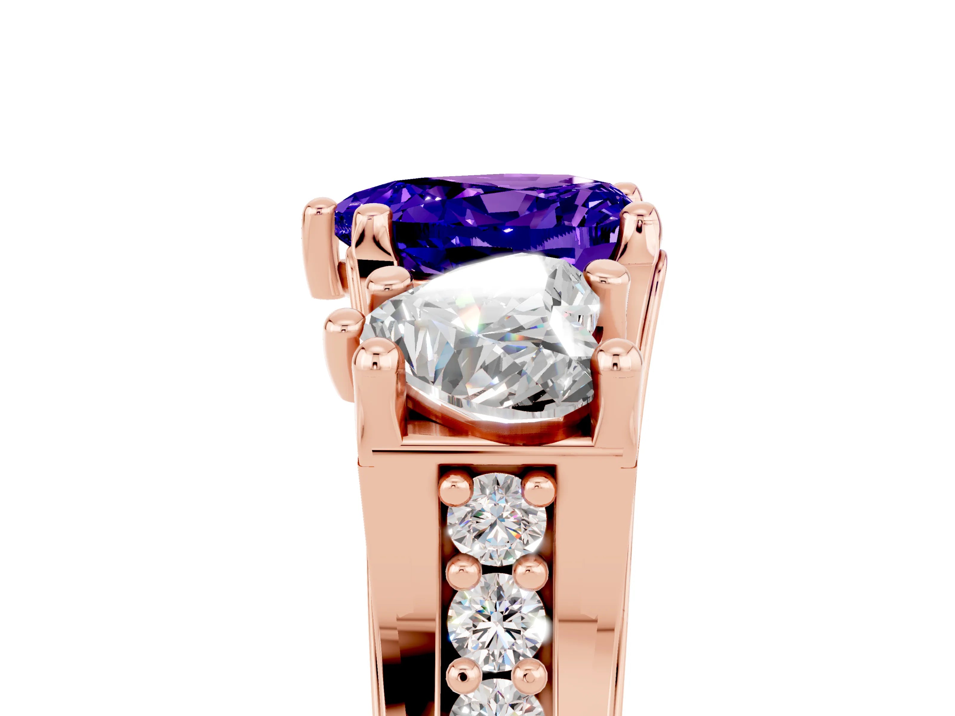 Rose gold Heart Cut Tanzanite Three-Stone Ring with Channel Set Band and Four-Prong Setting_5