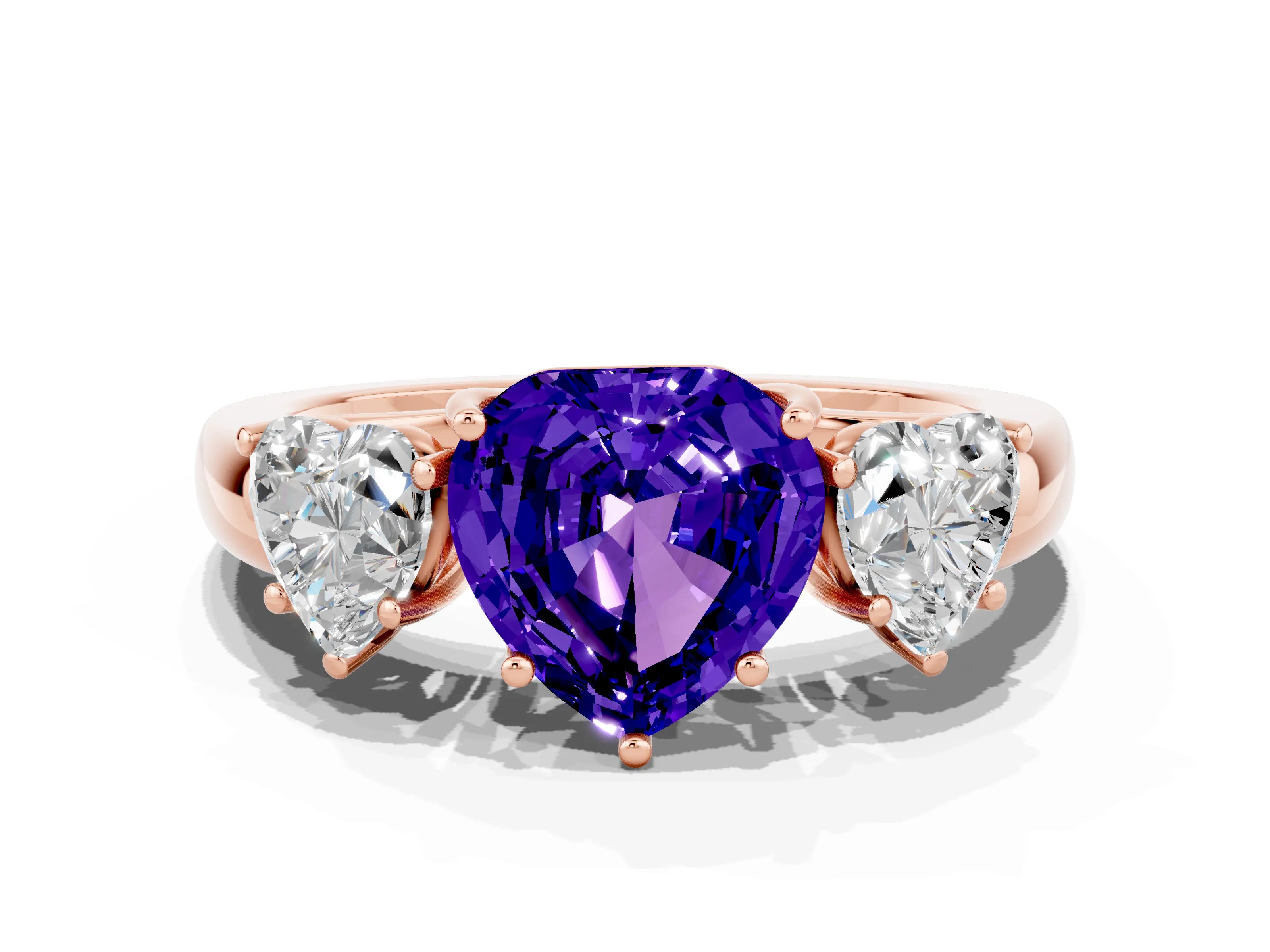 Rose gold Heart Cut Tanzanite Three-Stone Ring with Four-Prong Setting and Classic Band