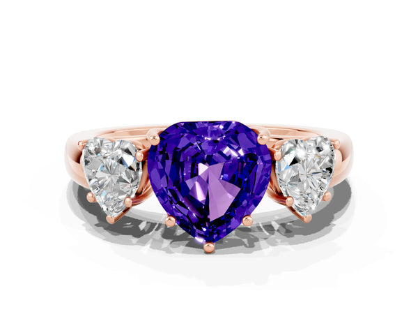 Rose gold Heart Cut Tanzanite Three-Stone Ring with Four-Prong Setting and Classic Band