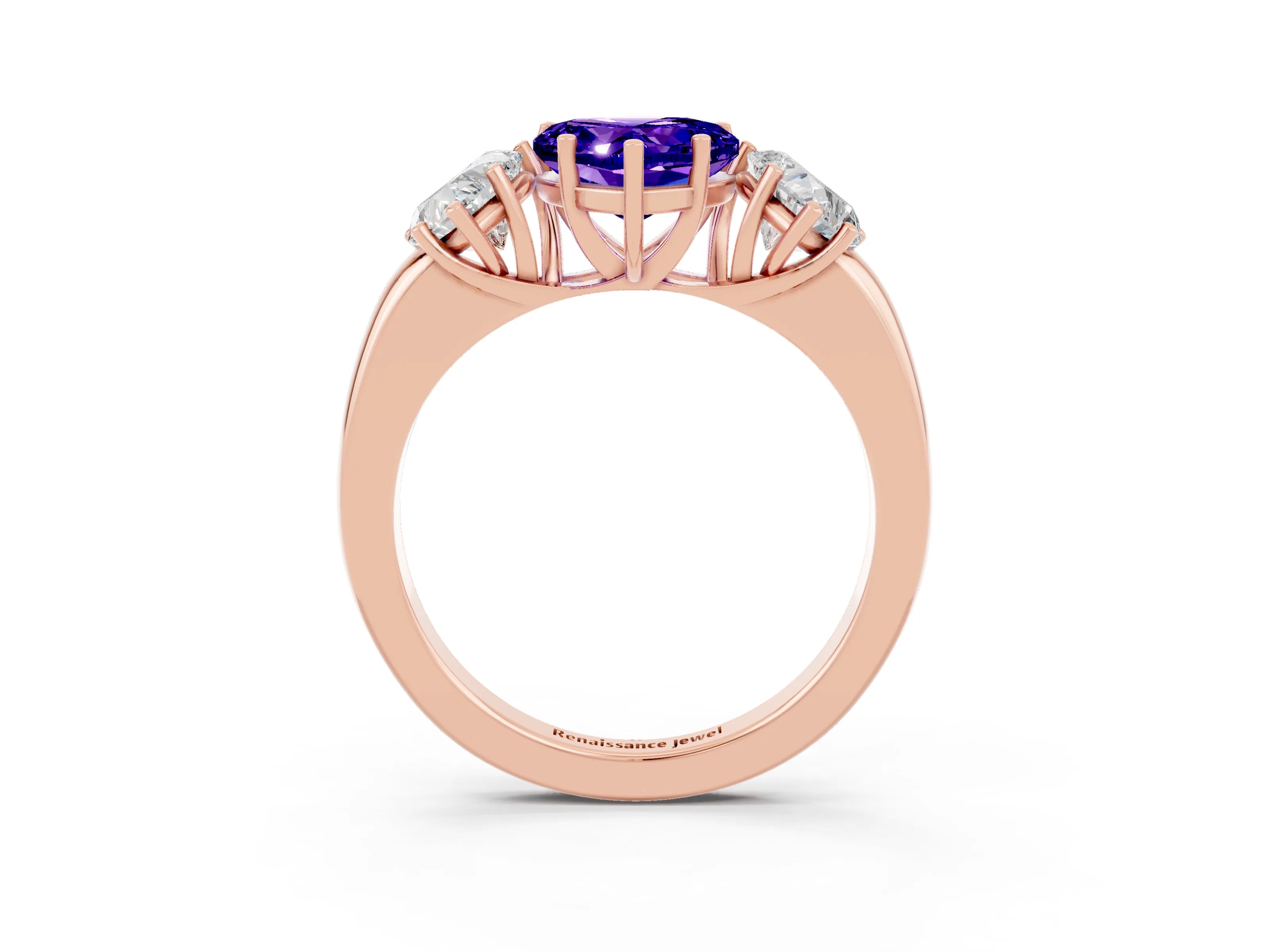 Rose gold Heart Cut Tanzanite Three-Stone Ring with Four-Prong Setting and Classic Band_3