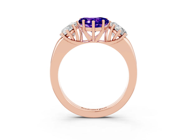 Rose gold Heart Cut Tanzanite Three-Stone Ring with Four-Prong Setting and Classic Band