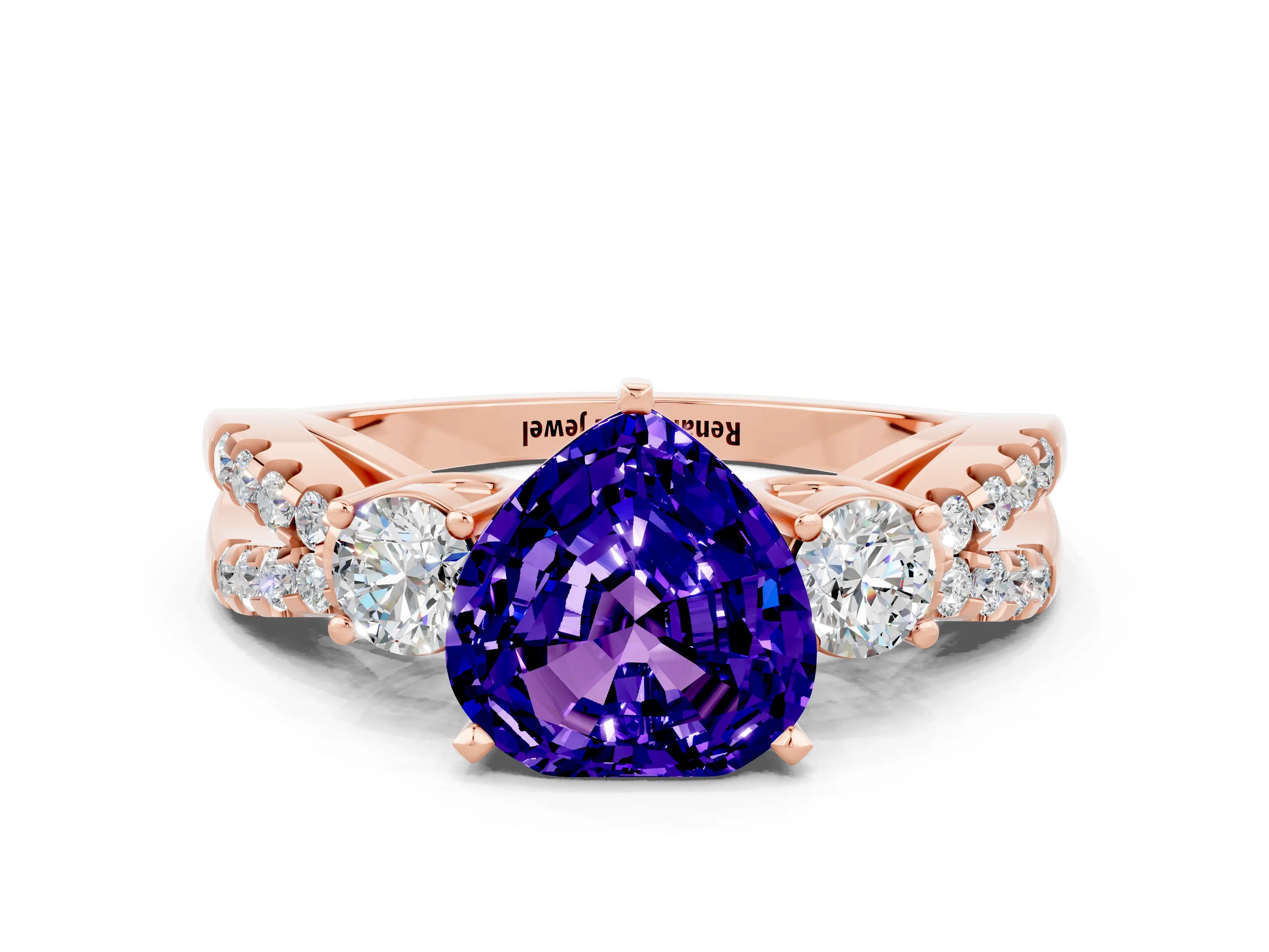 Rose gold Heart Cut Tanzanite Three-Stone Ring with Pavé Split Shank and Four-Prong Setting