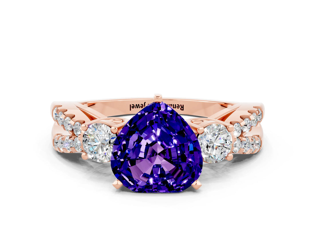 Rose gold Heart Cut Tanzanite Three-Stone Ring with Pavé Split Shank and Four-Prong Setting