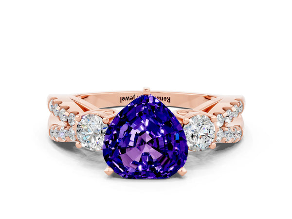 Rose gold Heart Cut Tanzanite Three-Stone Ring with Pavé Split Shank and Four-Prong Setting