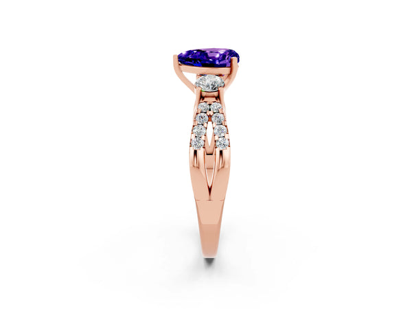 Rose gold Heart Cut Tanzanite Three-Stone Ring with Pavé Split Shank and Four-Prong Setting
