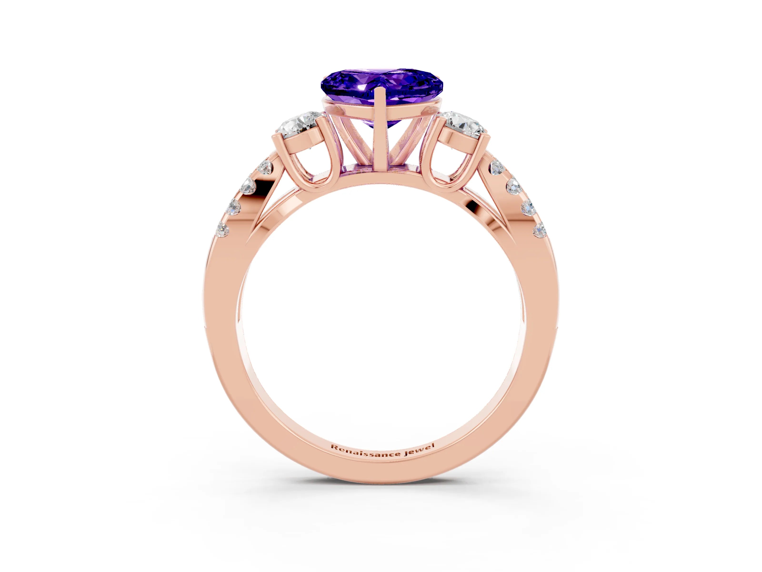 Rose gold Heart Cut Tanzanite Three-Stone Ring with Pavé Split Shank and Four-Prong Setting_3