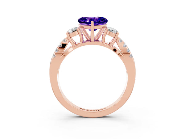 Rose gold Heart Cut Tanzanite Three-Stone Ring with Pavé Split Shank and Four-Prong Setting