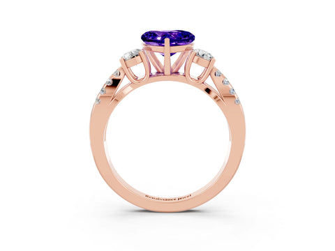 Rose gold Heart Cut Tanzanite Three-Stone Ring with Pavé Split Shank and Four-Prong Setting_3