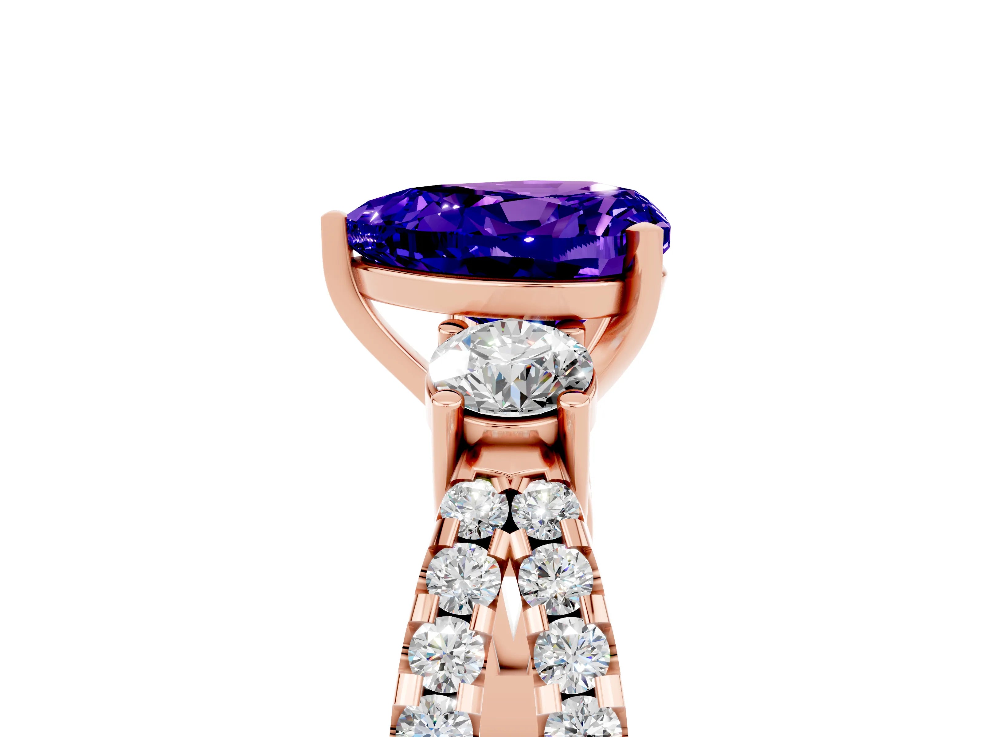 Rose gold Heart Cut Tanzanite Three-Stone Ring with Pavé Split Shank and Four-Prong Setting_5