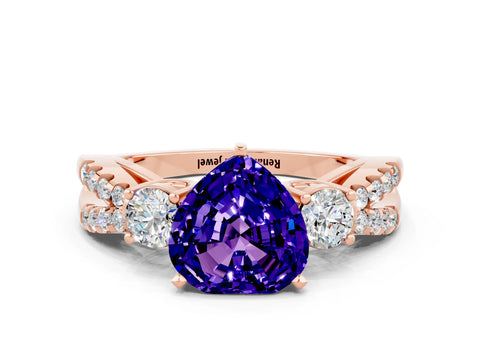 Rose gold Heart Cut Tanzanite Three-Stone Ring with Pavé Split Shank and Four-Prong Setting