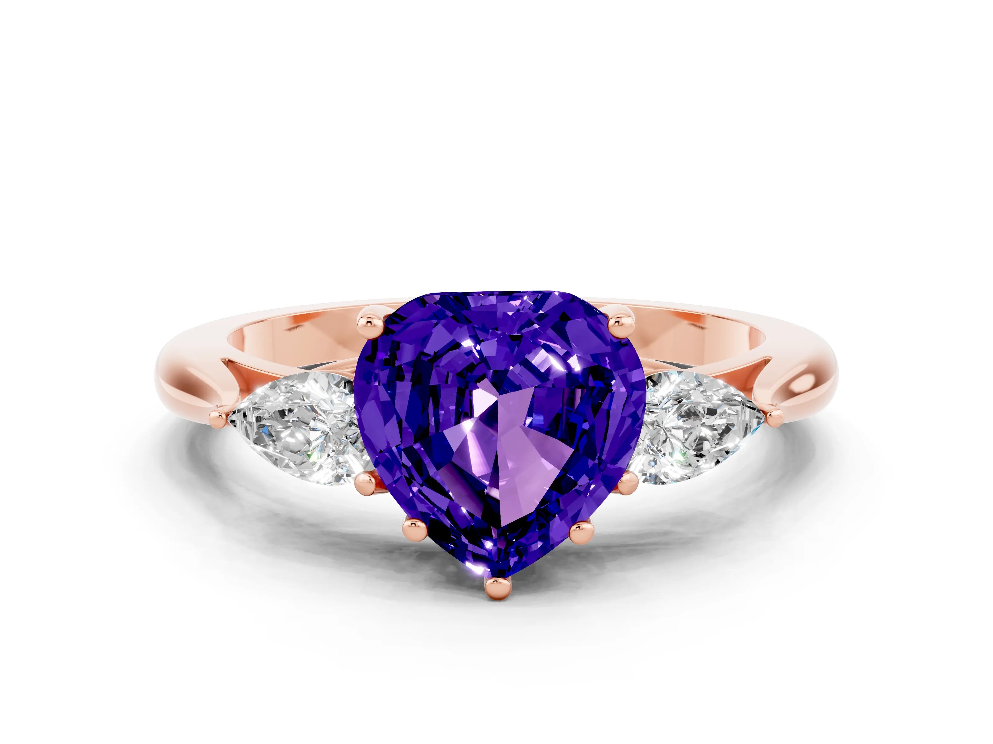 Rose gold Heart Cut Tanzanite Three-Stone Ring with Pear Side Stones and Four-Prong Setting_12